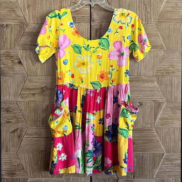 Jams World Womens Yellow Pink Floral Babydoll Dress Size XS Cottage - Picture 3 of 4